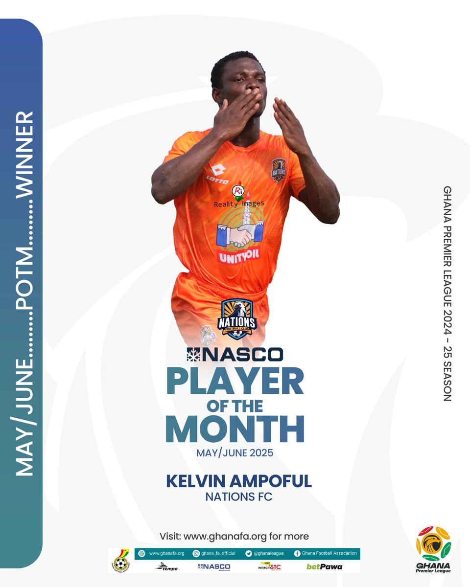 🔥 Nations FC’s Kelvin Ampoful has been named NASCO Ghana Premier League Player of the Month for May/June! 🌟

A well-deserved honour for his brilliant run! ⚽

🔗: ghanafa.org/nations-fc-mid…

#GPL | <a href="/nascoghana/">Nasco Electronics Ghana</a>