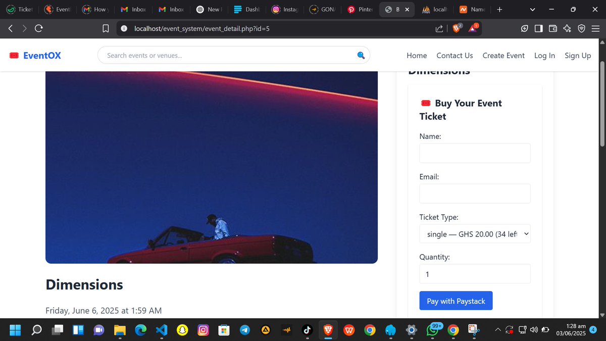ox_lespo's tweet photo. Currently building a platform for ticket sales and event promotion — helping organizers reach more attendees and boost revenue.

 Features include:
• Organizer Dashboard
• Secure Payment System
• Real-Time Revenue Tracking
 Got a dream business? Let’s take it live. https://t.co/0AKR4rSPbx