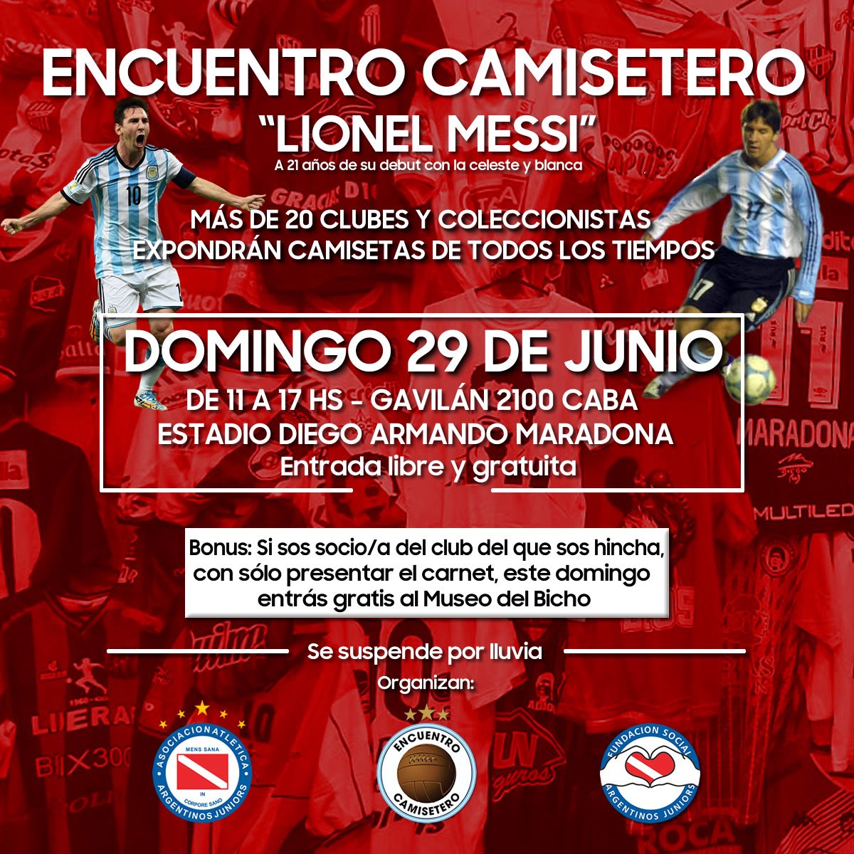 FundacionAAAJ's tweet photo. ¡Este domingo 29 de junio venite al 19º Encuentro Camisetero! 👕🇦🇷

La feria de camisetas más grande del país te espera de 11 a 17 h en el Estadio Diego Armando Maradona (Gavilán 2100, CABA).

❤️ Sumate colaborando con un alimento no perecedero.

#AAAJ 
#FundacionAAAJ https://t.co/XL0EvBUcWj