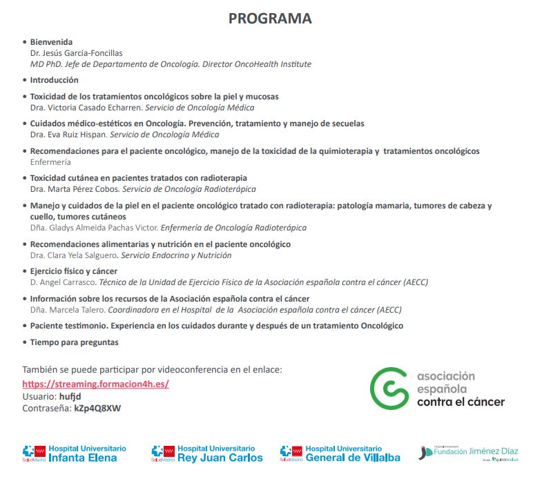 #Agenda 📆 Mañana, nuestros pacientes pueden disfrutar de una nueva edición de nuestra Escuela de Cuidados para el Paciente Oncológico sobre "Cuidados de la piel y alimentación". Sigue el evento online en: f.mtr.cool/zekqxsjiwt (Usuario "hufjd" / Contraseña "kZp4Q8XW")