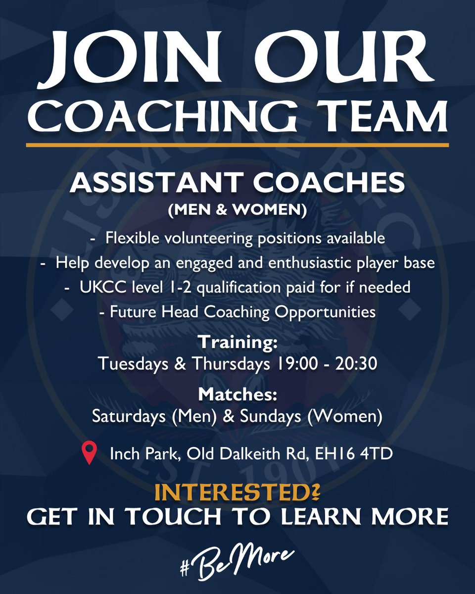 🚨 Assistant Coaches Wanted!

Lismore RFC is recruiting for our Men’s &amp; Women’s 1XV squads

✅ Voluntary roles (coaching course fees covered)
🕖 Tues/Thurs training
🏉 Sat/Sun matches
📍 Inch Park, Edinburgh
🚀 Future Head Coach pathway

DM us to find out more!

#BeMore