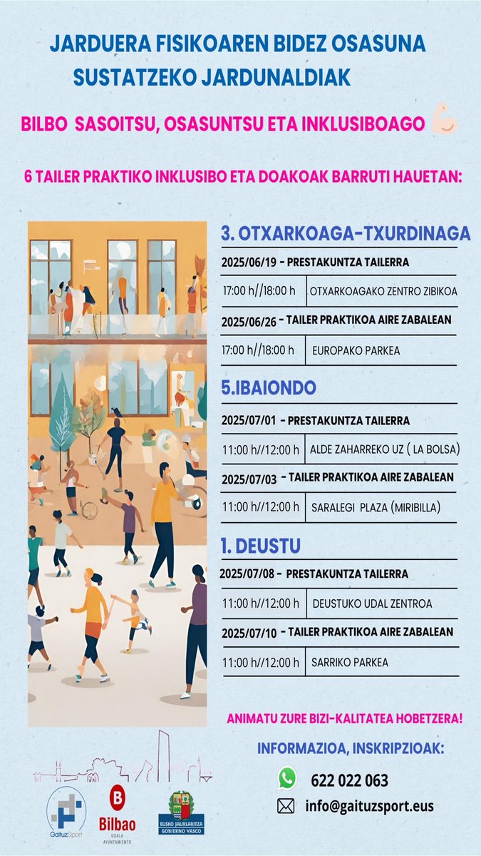 💪Osasuneko eta jarduera fisikoko jardunaldiak Bilbon: 6 tailer inklusibo, doan
2025
«Bilbo, sasoian, osasuntsu eta inklusibo/Bilbao más en forma, saludable e inclusivo»
👉 gaituzsport.eus/euskeraz/komun…
#osasuna #jarduerafisikoa #Bilbo