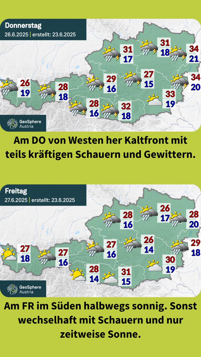 GeoSphere_AT's tweet image. #Wetter #Trend #Österreich: Heute Montag teils kräftige Gewitter mit heftigen Windböen. Dienstag und Mittwoch überwiegend sonnig und heiß mit nur vereinzelten Gewittern. Am Donnerstag von Westen her Kaltfront mit kräftigen Schauern/Gewittern. Details auf geosphere.at/de/karten/wett…