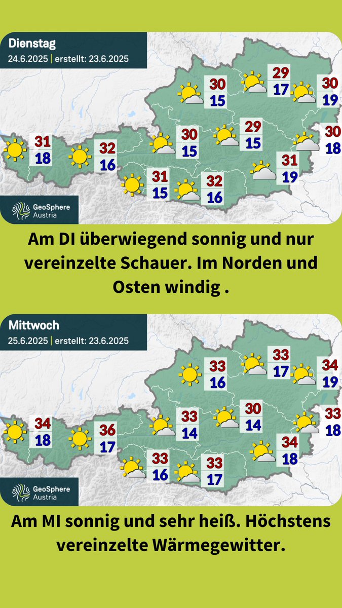 GeoSphere_AT's tweet image. #Wetter #Trend #Österreich: Heute Montag teils kräftige Gewitter mit heftigen Windböen. Dienstag und Mittwoch überwiegend sonnig und heiß mit nur vereinzelten Gewittern. Am Donnerstag von Westen her Kaltfront mit kräftigen Schauern/Gewittern. Details auf geosphere.at/de/karten/wett…