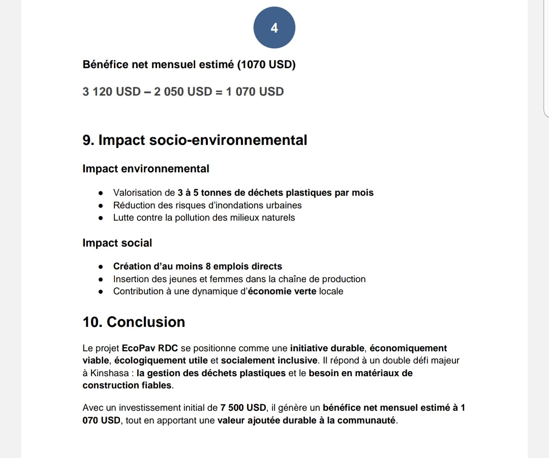 <a href="/mbuyi_don/">Don Israël H.M/ Le Coach</a> Production et vente des pavés écologiques à base des plastiques recyclés.  
Notre projet va contribuer à la  réduction de la pollution plastiques à Kinshasa, en produisant des pavés et briques écologiques   durables, économiques et esthétiques. <a href="/MuadiLaeticia/">Laetitia Muadi</a>
<a href="/KatangaCynthia/">Cynthia Katanga,MBA</a>