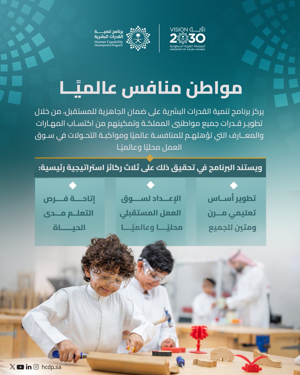 HCDP_SA's tweet photo. برؤية طموحة، للاستثمار في الإنسان، نُعزّز اليوم جاهزية القدرات البشرية.. لتقود المستقبل وتُنافس عالميًا.
#رؤية_السعودية_2030 https://t.co/6kSTtkRltJ