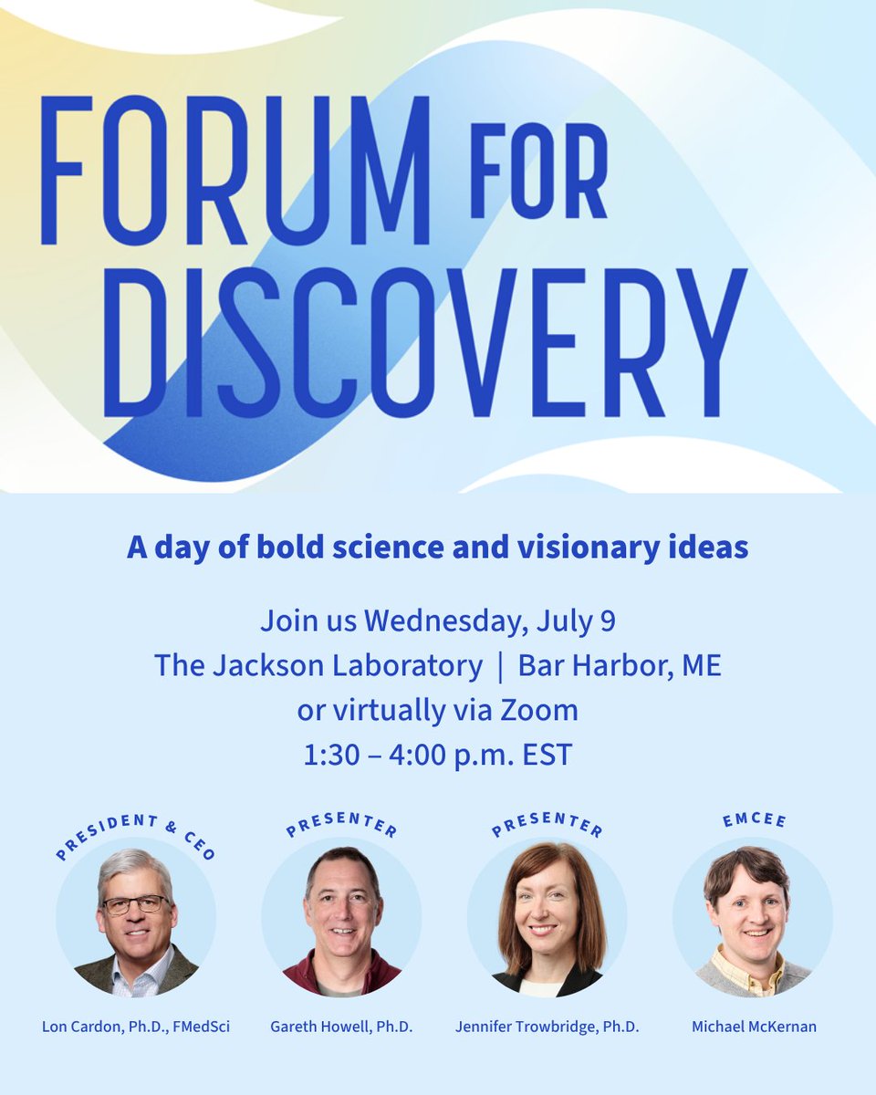 jacksonlab's tweet image. Have you registered for JAX’s annual Forum for Discovery yet? Be part of the conversation shaping tomorrow’s health breakthroughs — join us July 9 in person or online for a day of bold science and visionary ideas. jax.org/education-and-…