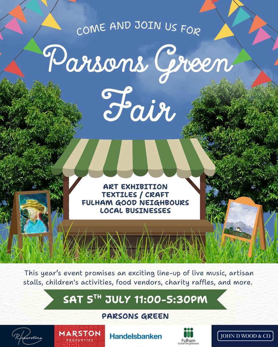🎉 Fulham, it’s back! The Parsons Green Fair returns on Saturday 5th July 2025, 11am–5:30pm — and you won’t want to miss it! 🌿✨

📍 Where: Parsons Green, SW6
📅 When: Saturday 5th July, 11am–5:30pm
🎟️ Entry: Free!

Let’s make this the biggest, best fair yet. See you there!