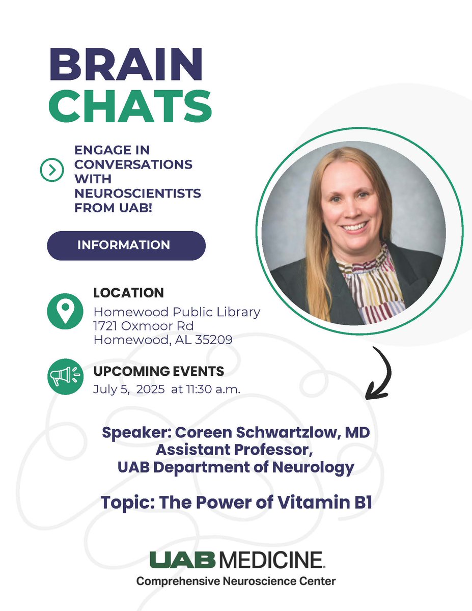 Do you know the Power of Vitamin B1??  Join “Brain Chats” at Homewood Public Library on July 5 at 11:30am to learn about this important topic! Our guest expert will be Coreen Schwatzlow, MD from UAB’s Department of Neurology. 🧠
Share and bring a friend!