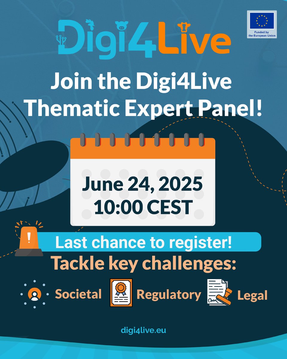 🚨 Last chance to register!

Want to help shape how data is governed in the livestock sector?

🗣️ Join the #Digi4Live TEP-R session tomorrow &amp; take part in a hands-on discussion.

👉 Sign up: us06web.zoom.us/meeting/regist…

#HorizonEurope #ResearchImpactEU