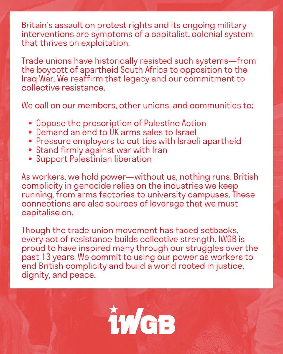 IWGB Statement against the proscription of Palestine Action and the escalation of imperial violence in Iran