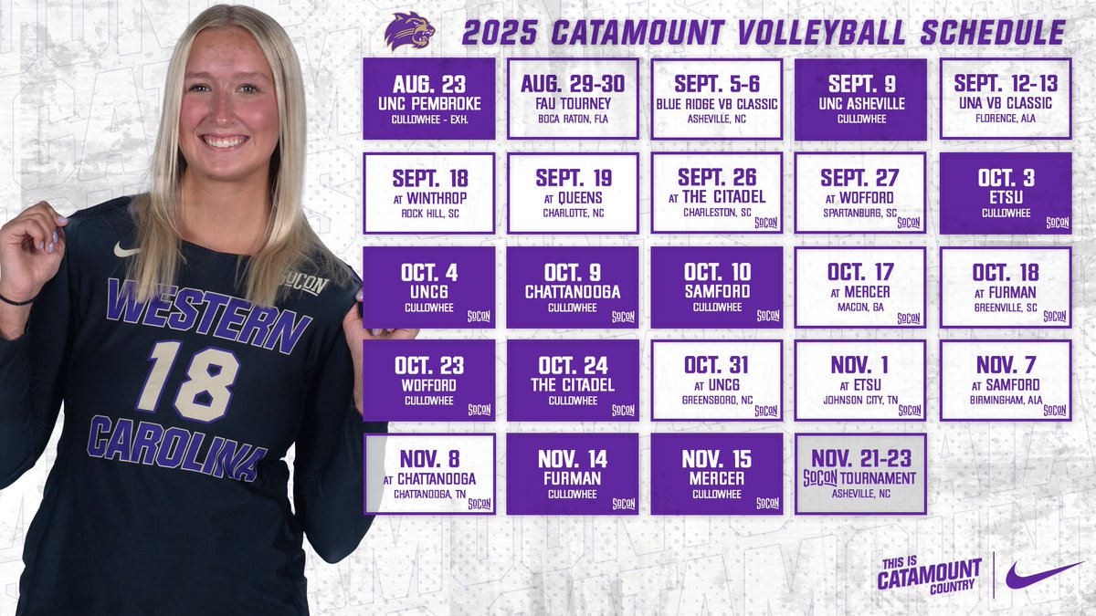 CatamountVB's tweet image. Our 2025 Schedule is here. The regular season starts August 29th with a doubleheader against Texas Tech and Kent State from Boca Raton hosted by FAU.
🔗- shorturl.at/6scVt
#CatamountCountry