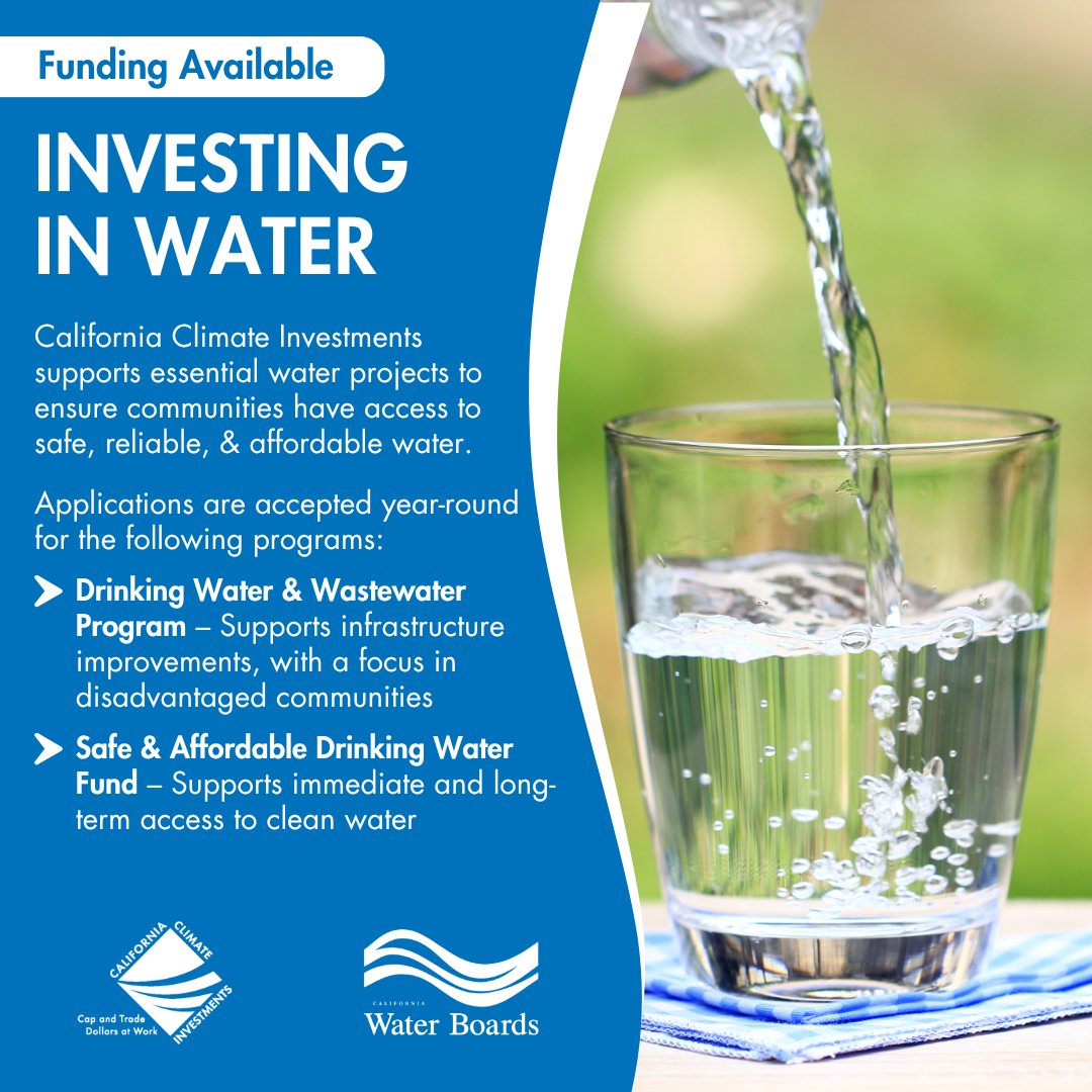CAClimateInvest's tweet image. #CAClimateInvestments programs are helping California communities access safe, reliable, and affordable water. Applications are accepted year-round 📅
Eligible applicants include public agencies, nonprofit organizations, Tribal governments, and more:
The Drinking Water and…