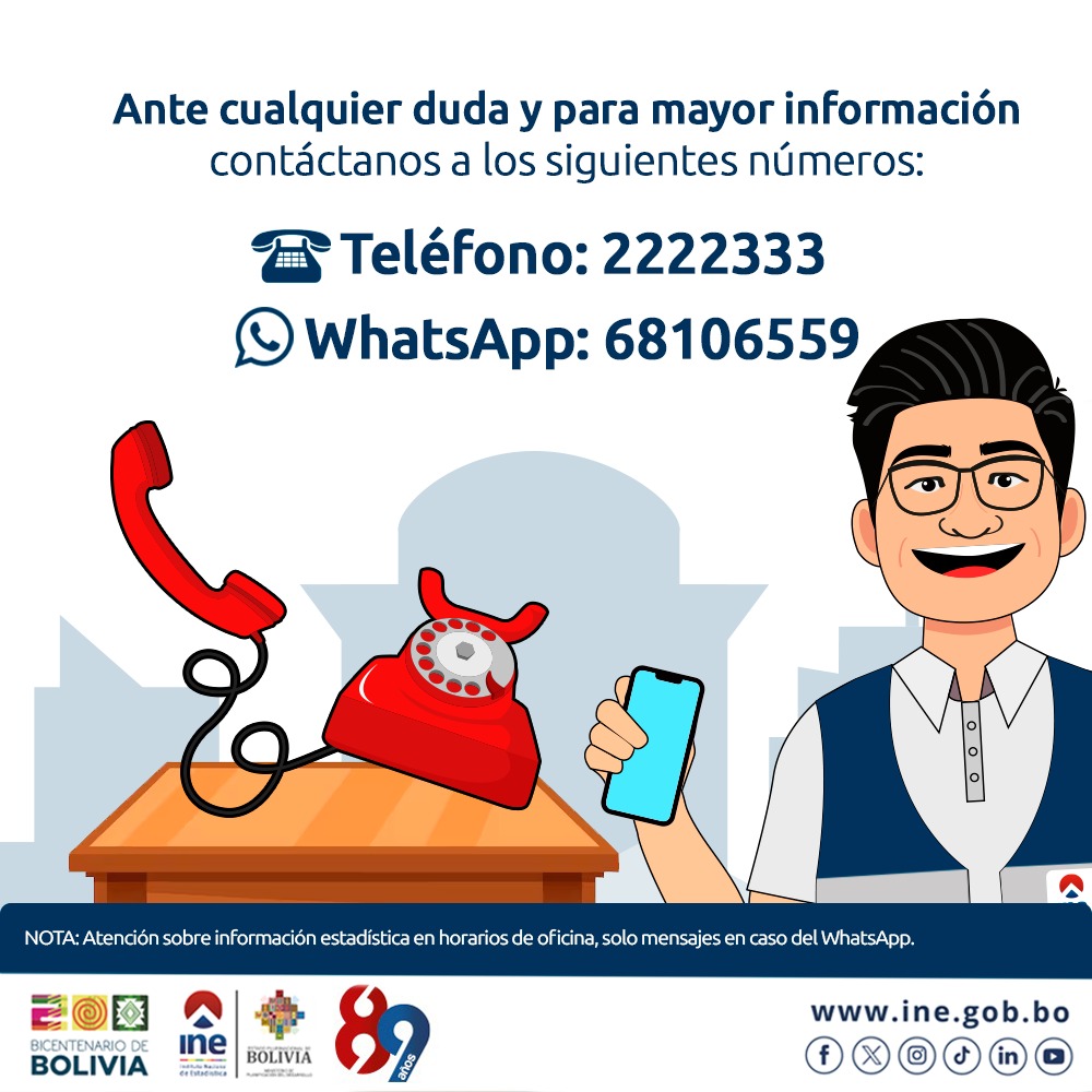 Si tienes alguna consulta sobre información estadística, comunícate con nuestra línea telefónica o escríbenos al WhatsApp.
️⏳Atención de lunes a viernes de 08:30 a 16:30.
#INEBolivia