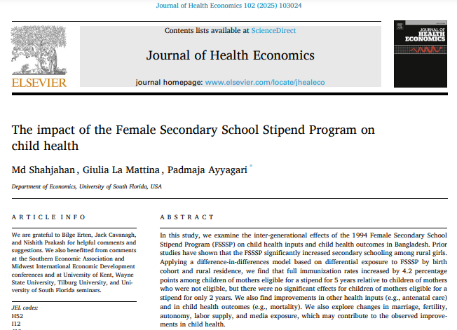 usfecon's tweet photo. Check out the latest research by Prof. La Mattina, Prof. Ayyagari, and our grad student. Tuition assistance not only boosted girls' education but also led to better health outcomes for their children. 
https://t.co/tISbNMK5s7 https://t.co/juCrO6MvDx