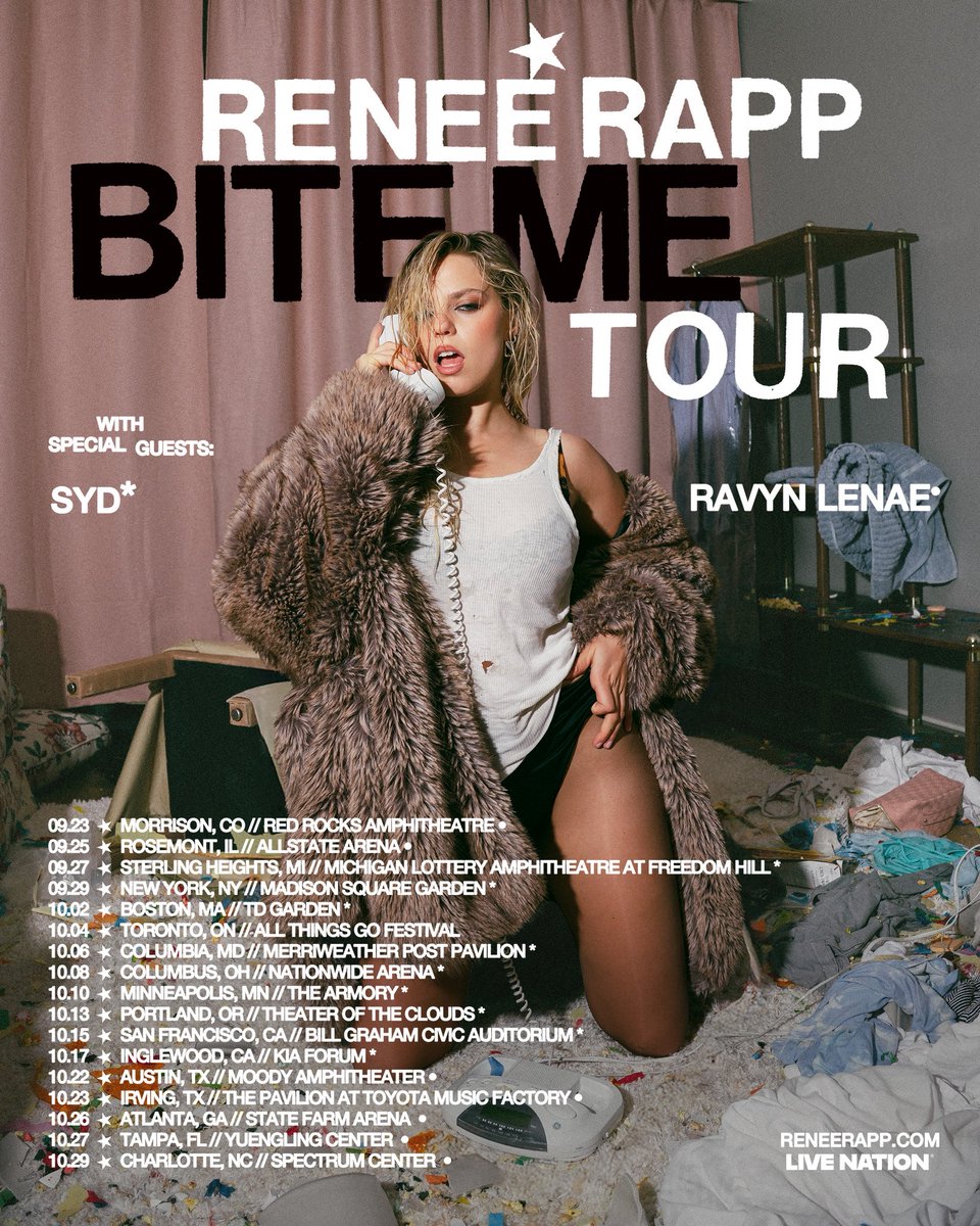 reneerapp's tweet image. BITE ME TOUR ⭐️
with my favorites Syd and @ravynlenae
sign up for presale access now until 11pm PT on Tuesday, June 24 on reneerapp.com (!!)
artist presale starts Thursday, June 26 at 10am local and tickets go on sale to the public on Friday June 27 at 10am local