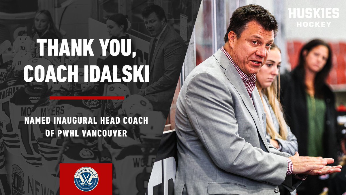 𝐓𝐡𝐚𝐧𝐤 𝐘𝐨𝐮, 𝐂𝐨𝐚𝐜𝐡 𝐈𝐝𝐚𝐥𝐬𝐤𝐢

- 2022-23 <a href="/USCHO/">USCHO.com</a> National Coach of the Year
- Program record 18 wins in 22-23
- 2nd coach to amass 50 wins and post 3 consecutive 15+ win seasons

Good luck with <a href="/PWHL__Vancouver/">Vancouver Goldeneyes</a>‼️

#HuskyHockey 🏒 | #GoHuskies 🐾 | <a href="/Coach_Idalski/">Brian Idalski</a>