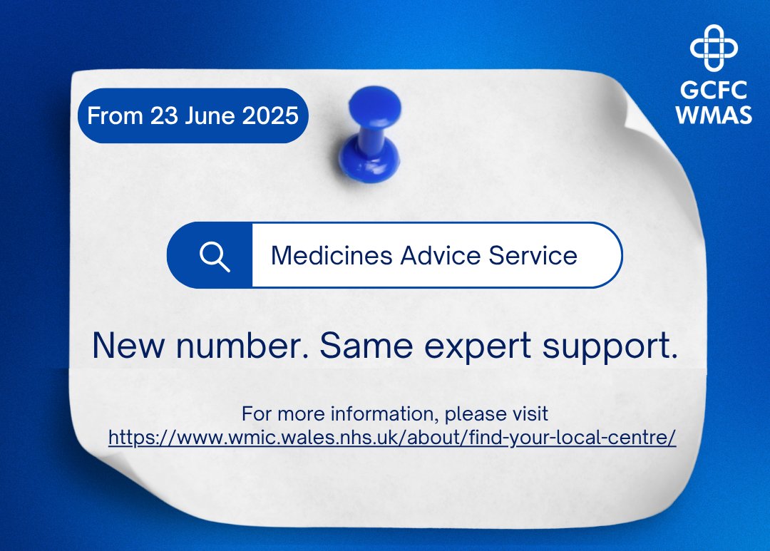 New number alert! Hysbysiad rhif newydd!

The Medicines Advice Service has a new phone number.

Mae gan y Gwasanaeth Cynghori ar Feddyginiaethau rif ffôn newydd.

wmic.wales.nhs.uk/about/find-you…