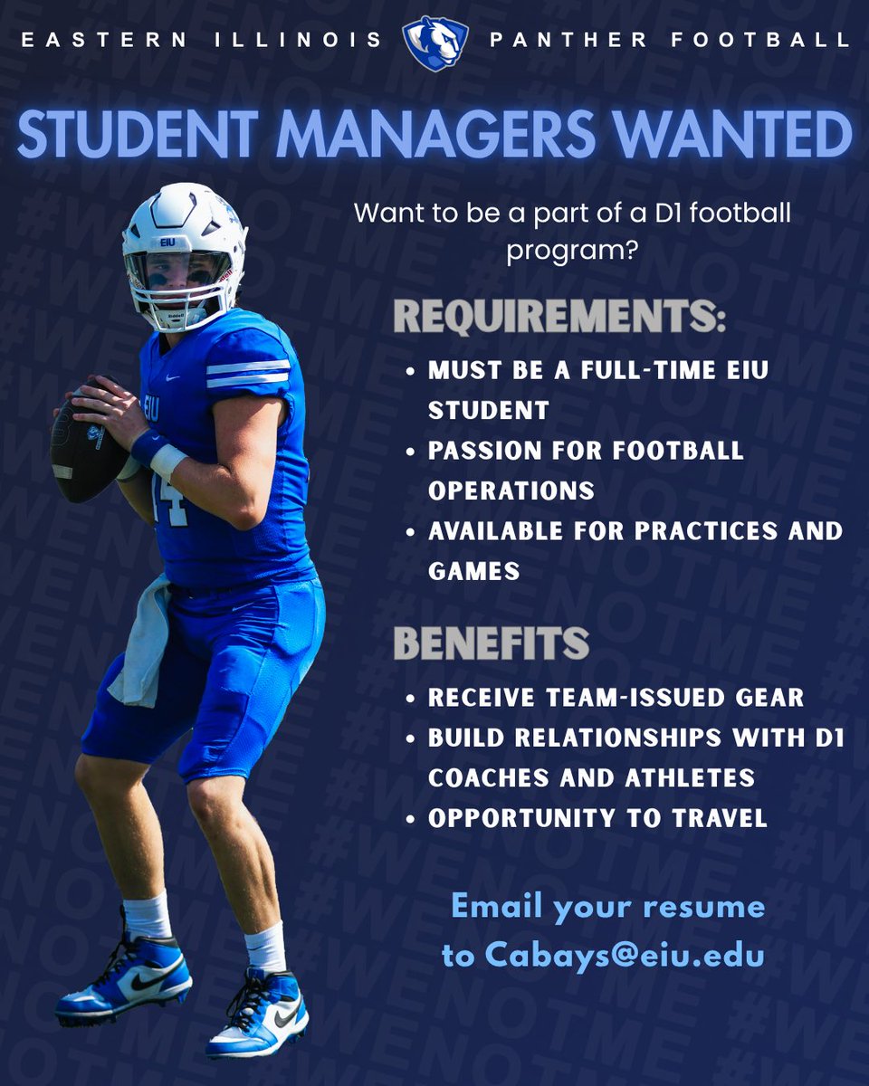 Eastern Illinois Football (@eiu_fb) on Twitter photo Want to work with a DI Football Program? We are looking for passionate, hardworking individuals to help us this season. Please send any questions and resumes to Clint Bays: cabays@eiu.edu
#WeNotMe | #BleedBlue | #WinTheDay Want to work with a DI Football Program? We are looking for passionate, hardworking individuals to help us this season. Please send any questions and resumes to Clint Bays: cabays@eiu.edu
#WeNotMe | #BleedBlue | #WinTheDay