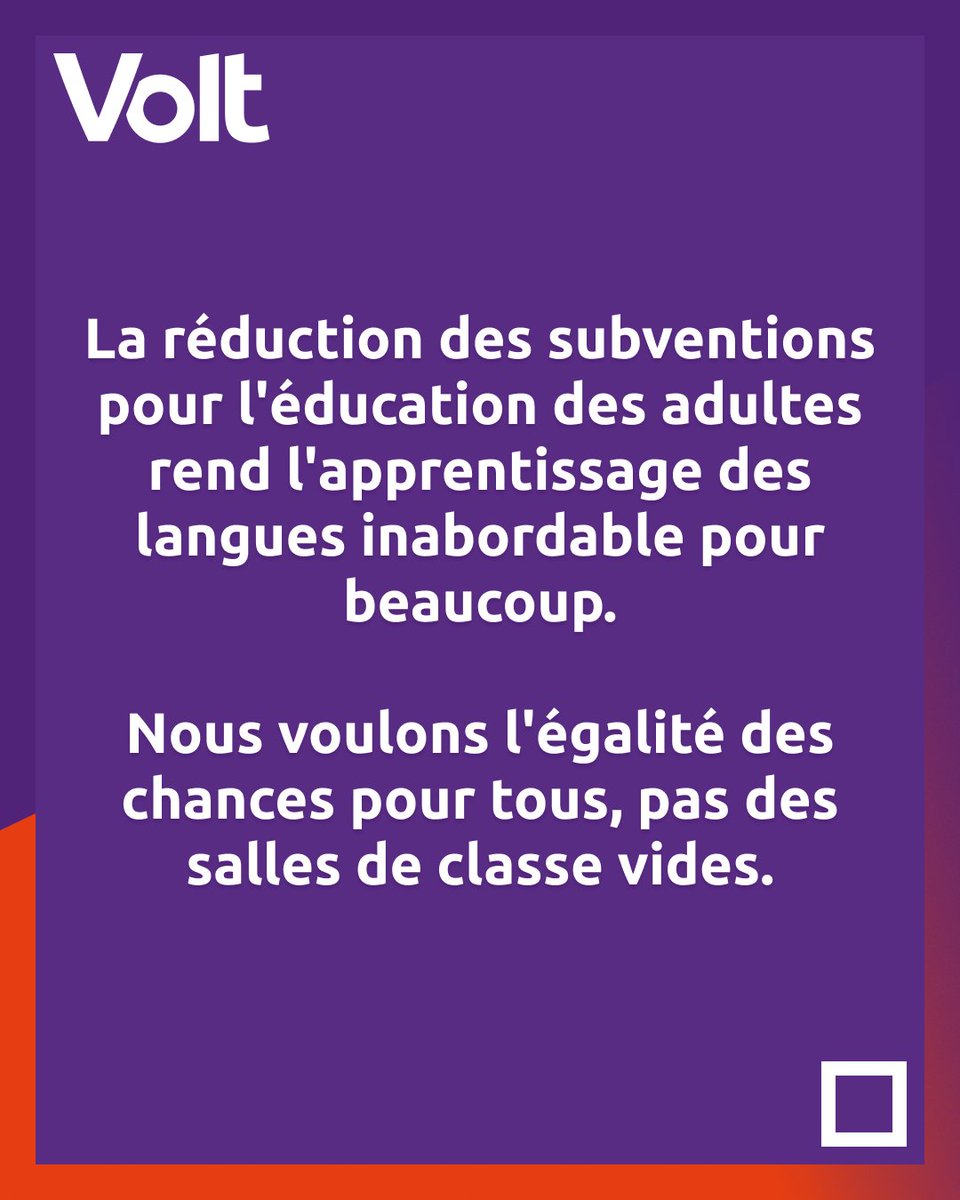 📖🛑 Nous demandons au gouvernement flamand de ne pas réduire les subventions pour les cours de langues en français, allemand et anglais.

Chez Volt, nous comprenons qu'il est nécessaire d'établir un budget, mais nous voulons aussi l'égalité des chances pour tous.