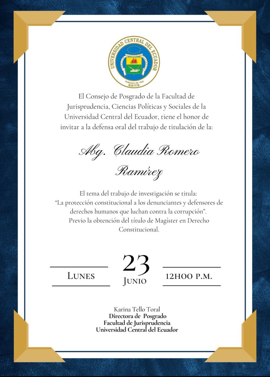 El <a href="/UcePosgradoFJ/">Posgrado Jurisprudencia UCE</a> de <a href="/JurisprudenciaU/">jurisprudenciaUCE</a> de <a href="/lacentralec/">Universidad Central del Ecuador</a> tiene el honor de invitar a la defensa oral del trabajo de titulación de la Abg. Claudia Romero Ramírez. Previo la obtención del título de Magíster en Derecho Constitucional.