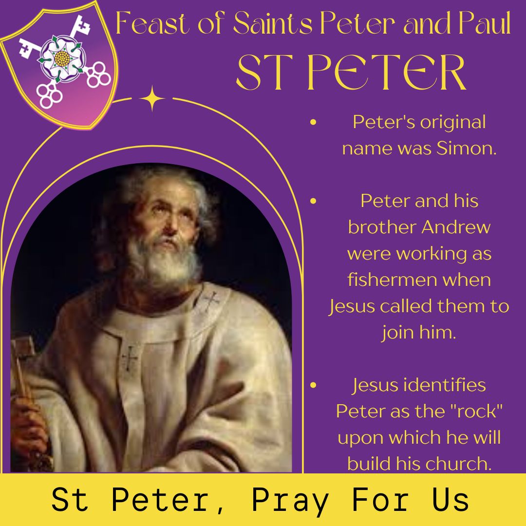 StPetersCC's tweet image. We are looking forward to the Feast of Saints Peter and Paul this Friday! This week the pupils will be learning a little more about our patron saint as part of our celebrations #StPetersSpirit #OneFaith #OneFamily #OneFuture #PatronSaint
