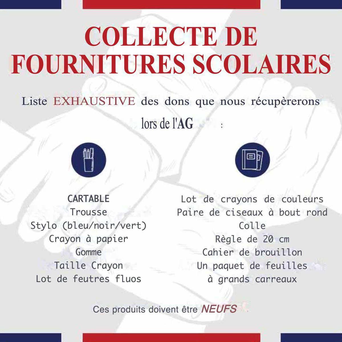 Pour notre dictée solidaire qui aura lieu avant la rentrée avec un public d’enfants scolarisés issus de familles en difficulté, nous collecterons lors de l’AG les fournitures.
Besoin de cartable en priorité. 🎒
Vous pouvez aussi envoyer vos dons, adresse postale en MP. 
Merci ✂️