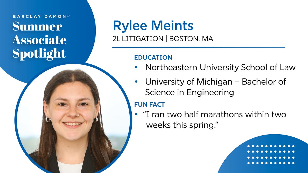 BarclayDamonLLP's tweet image. Meet Rylee Meints, a 2L litigation summer associate in our #Boston office. Rylee has joined Barclay Damon from Northeastern University School of Law.

We’re excited to have Rylee on our team!

#SummerAssociate #Spotlight #FutureLeaders #FutureLawyers #LifeAtBarclayDamon