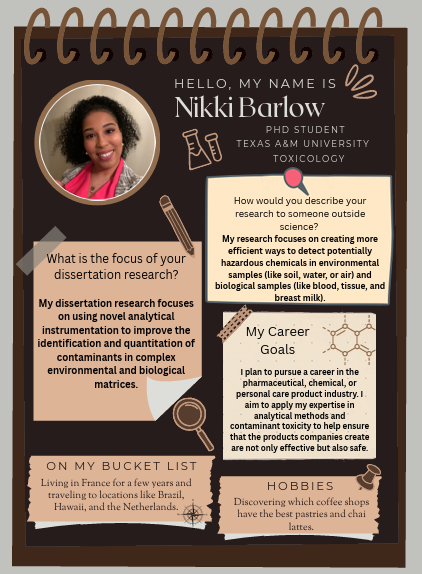 tamusuperfund's tweet image. Meet @tamusuperfund &amp;amp; @tamutox Nikki Barlow, our amazing Project 4 trainee! She created her own spotlight—and you're invited to discover her journey.  Come see what makes her shine !  ✨ #Project4  #TrACMeet #TraineeSpotlight #MeetNikki #NIEHS_SRP  @NIH_NIEHS @tamuvetmed