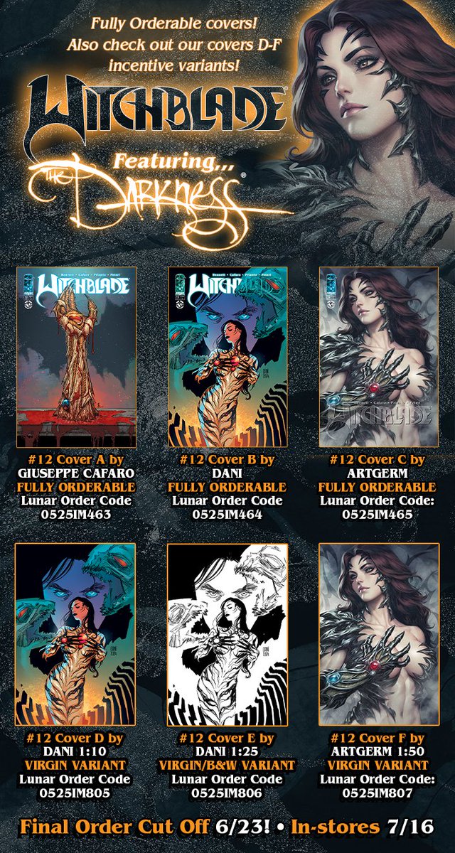 Last day to order your copies of WITCHBLADE #12 from your local comic book shop or online store. Collect all 6 amazing variants by <a href="/peppe_rain/">Giuseppe Cafaro</a>, Arif Prianto, Dani and Brad Simpson, and <a href="/Artgerm/">Stanley Artgerm™ Lau</a>! #comicbooks #witchblade