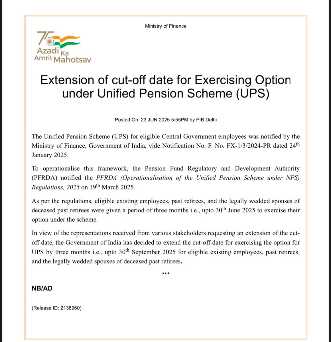 Extension of cut-off date for Exercising Option
under Unified Pension Scheme (UPS) #UPS #NPS #OPS