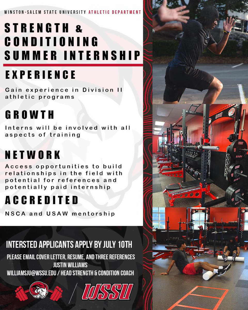 WSSU Athletics (@wssu_athletics) on Twitter photo Are you interested in working with our strength & conditioning program? Hereās your chance to be apart of our summer internship, email your resumes to our strength coach at williamsju@wssu.edu Are you interested in working with our strength & conditioning program? Hereās your chance to be apart of our summer internship, email your resumes to our strength coach at williamsju@wssu.edu