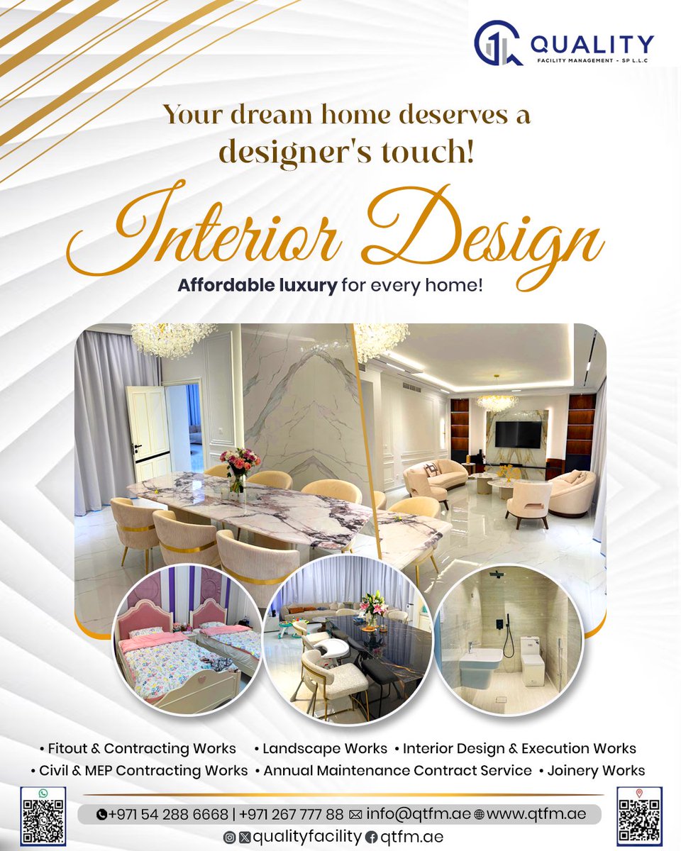 quality_facilit's tweet image. Transform your space with high-end design that fits your style and your budget. 

For More details: 
☎️ +971 26777788  +971 542886668
🌐 qtfm.ae
 ✉️ info@qtfm.ae

#QTFM #QualityFacilityManagement #DesigningSpaces #InteriorDesign #DesignExcellence