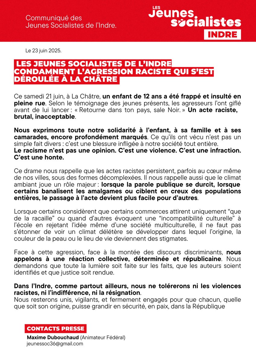 À La Châtre, un enfant de 12 ans a été agressé et insulté à cause de sa couleur de peau.  

Le racisme n’est jamais une opinion, c’est un délit et une honte.  

Soutien total à l’enfant, sa famille et ses camarades.  

#NonAuRacisme #République #JusticePourTous