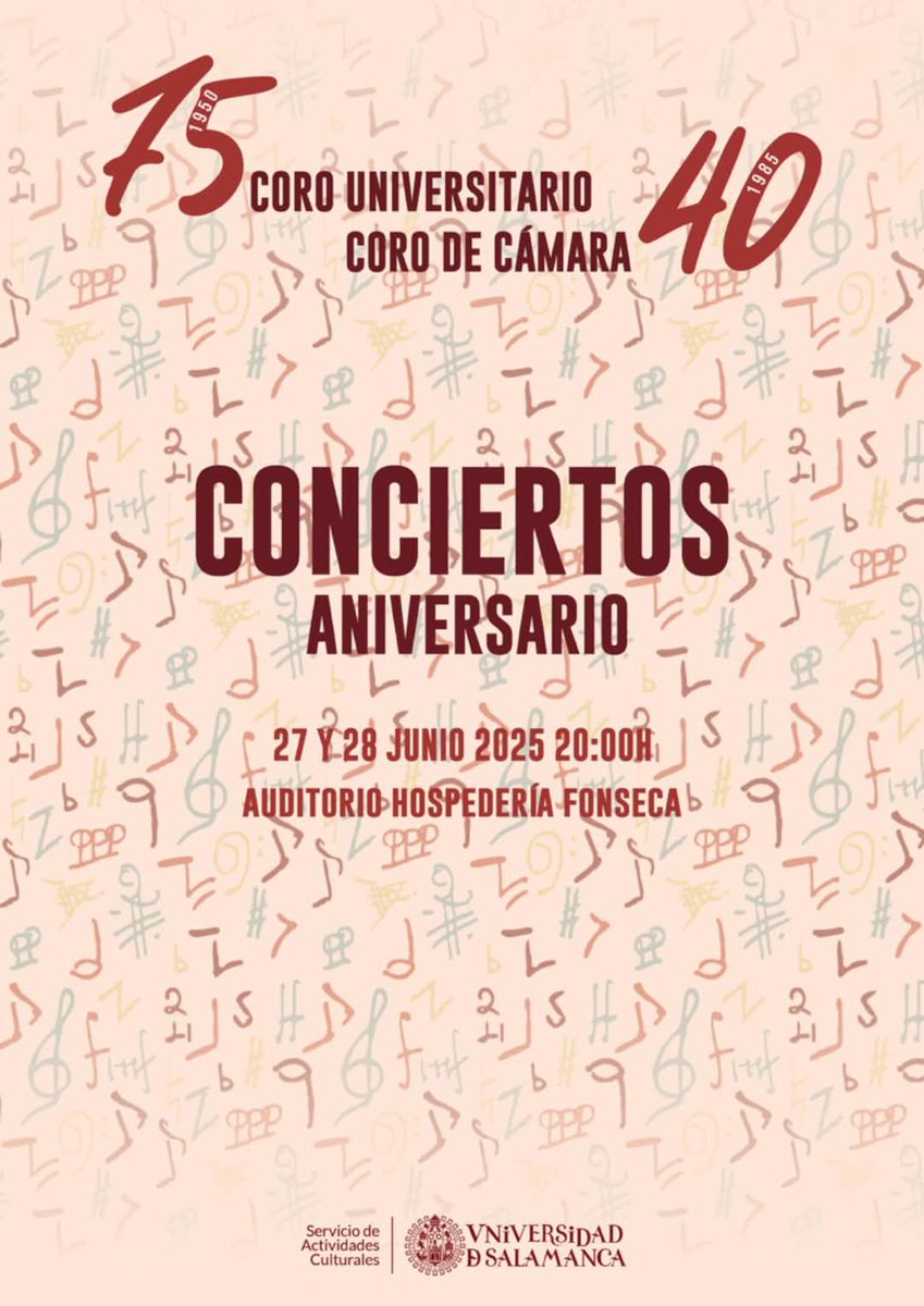 🎶Comunicación Importante🎶
Conciertos Aniversario
Los conciertos de los días 27-28 de junio serán a las 20:00 en el Auditorio Fonseca
PD: 🎟️ Todos los inscritos en el aniversario tendrán una invitación para los conciertos que se dará en el momento de entrega de acreditaciones.