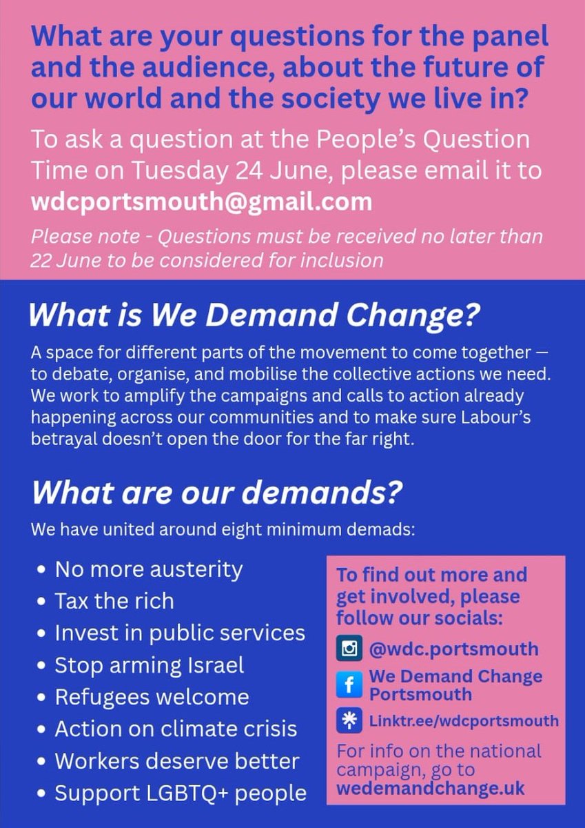 📣 Join us at People's Question Time! 📣
🔍 How can the left turn the tide? 
Organised by WDC Portsmouth

🗓 Tues 24 June | 🕖 7–9PM
📍 Portsmouth Central Library

We’ll be there with a stall + a question from the floor. Come say hi + grab our latest materials!✊🏽
<a href="/demandchange25/">We Demand Change</a>