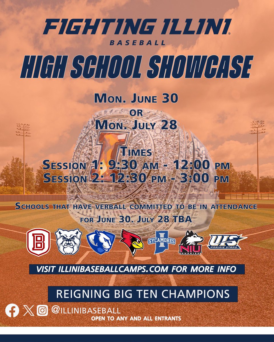 illinibasecamps's tweet image. 🚨Only ONE WEEK AWAY from our Summer Showcase. This is a big recruiting day for our program.🚨
Open to all High School and Portal players.
Register at illinibaseballcamps.com
Registration deadline is Sunday, June 29th