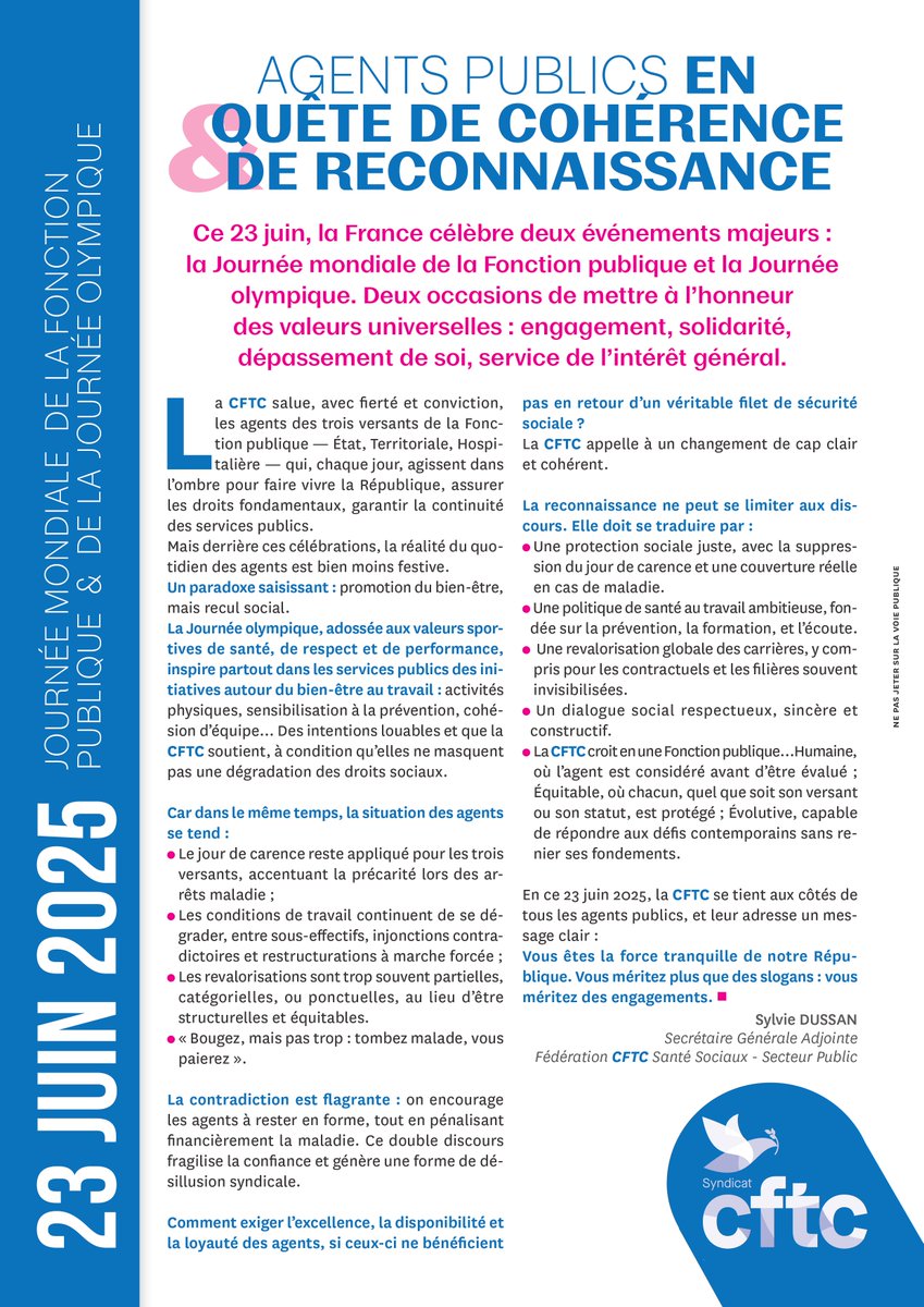 Syndicat CFTC (@syndicatcftc) on Twitter photo 23 juin – Journée mondiale de la Fonction publique
Aujourd’hui, la #CFTC rend hommage aux agents publics qui font vivre la République avec engagement et dévouement.
Découvrez les mesures que nous portons⤵️
<a href="/FFPTCFTC/">Fédération CFTC FPT</a> <a href="/CFTCsantesoc/">CFTC Santé-Sociaux</a> <a href="/remy_boulet/">Boulet Remy ن</a> 23 juin – Journée mondiale de la Fonction publique
Aujourd’hui, la #CFTC rend hommage aux agents publics qui font vivre la République avec engagement et dévouement.
Découvrez les mesures que nous portons⤵️
<a href="/FFPTCFTC/">Fédération CFTC FPT</a> <a href="/CFTCsantesoc/">CFTC Santé-Sociaux</a> <a href="/remy_boulet/">Boulet Remy ن</a>