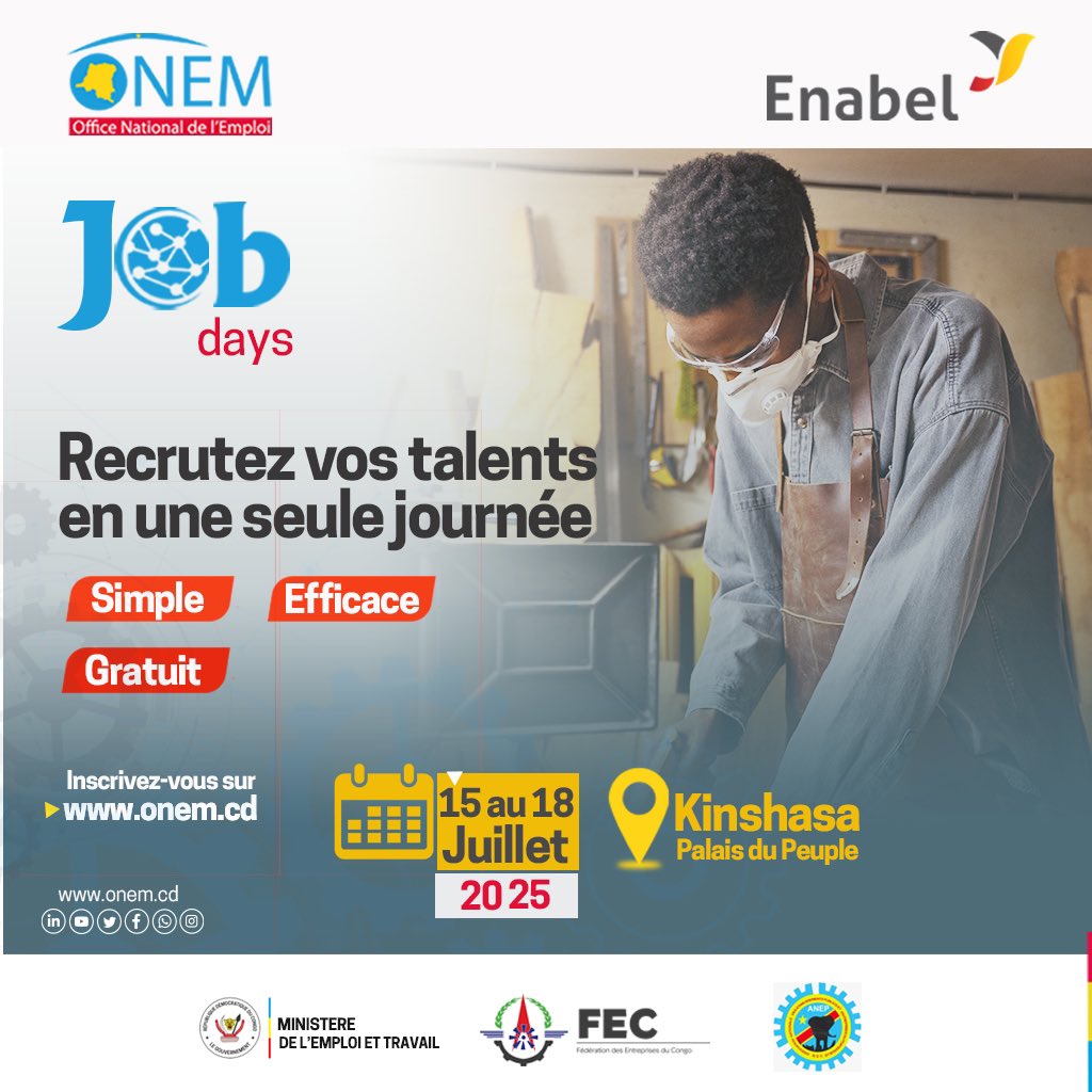 onem_cd's tweet photo. #Jobdays #Kinshasa
âïžRecrutez vos talents en une seule journĂ©e!
#Simple
#Efficace
#Gratuit
Pour participer aux journĂ©es Job days, inscrits-toi dĂšs maintenant sur https://t.co/syP6VERm5J / espace demandeur dâemploi
@FECRDC
@Enabel_en_RDC
@anadecrdc1
@FogecRdc
@fanon_beya https://t.co/4RWEYVMwSr