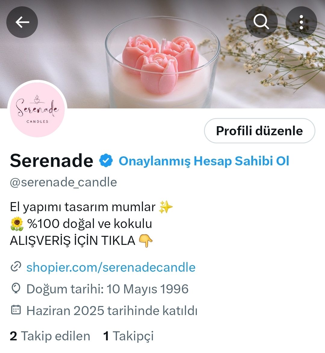 Herkese merhaba kendi işimi kurmak hep hayalimdi, ben küçük bir işletme açtım. Bu hayalimde beni desteklerseniz çok mutlu olurum 🙏💜 

Sayfam: <a href="/serenade_candle/">Serenade Candles</a>