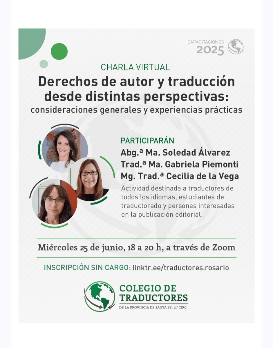 Este miércoles, a las 18 h (Argentina), vamos a estar charlando sobre derechos de autor y traducción con colegas de Rosario. 
Quienes deseen participar virtualmente 😊, pueden inscribirse aquí: boletin.traductoresrosario.org.ar/c/3700ww/s4rxo…