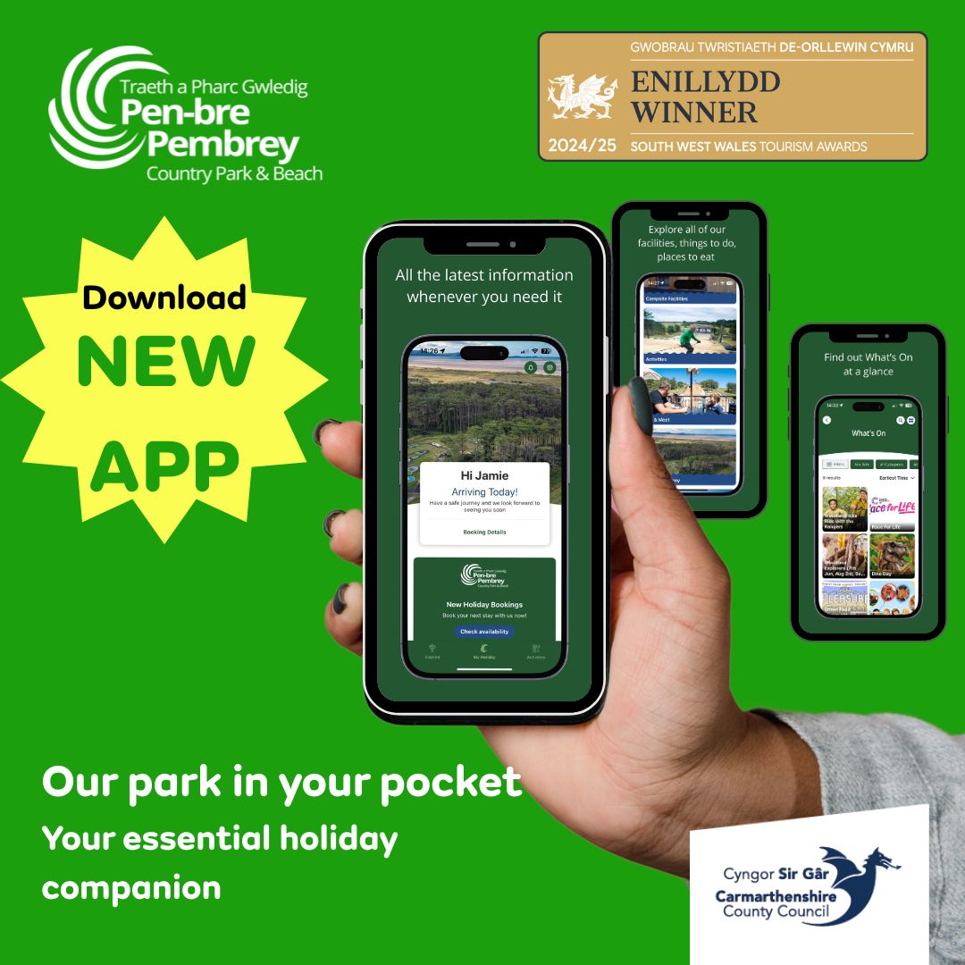 🌟 Introducing the NEW Pembrey Country Park App! 📲🌟
Planning your stay just got easier – manage your campsite bookings, explore and book park activities, and get all the info you need right at your fingertips.
 ‘App Store’ or ‘Google Play’. Search Pembrey Country Park