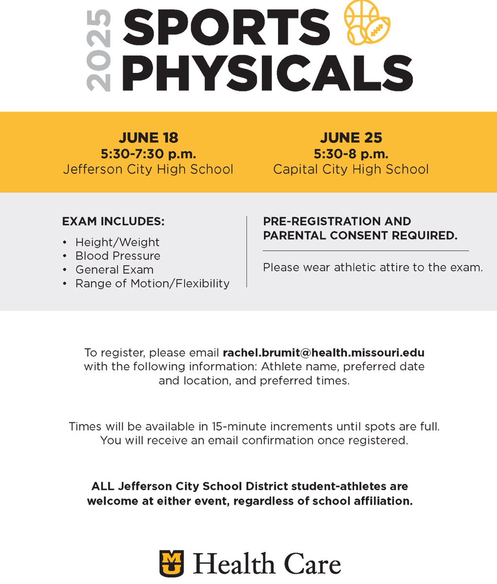 Free physical night June 25 at CCHS 5:30 p.m- 8 p.m. Email Rachel.brumit@health.missouri.edu to register.