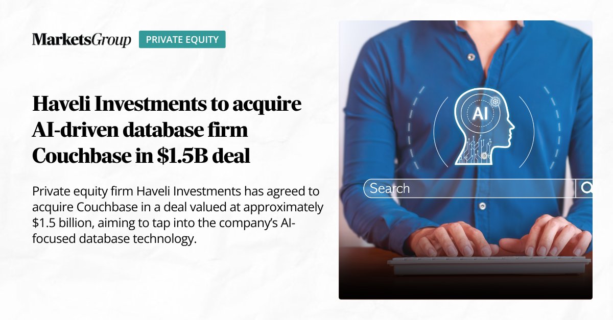 MarketsGrp's tweet image. Private equity firm Haveli Investments has agreed to acquire Couchbase in a deal valued at approximately $1.5 billion, aiming to tap into the company’s AI-focused database technology. Couchbase’s cloud-based platform supports AI applications with its scalable and flexible data…