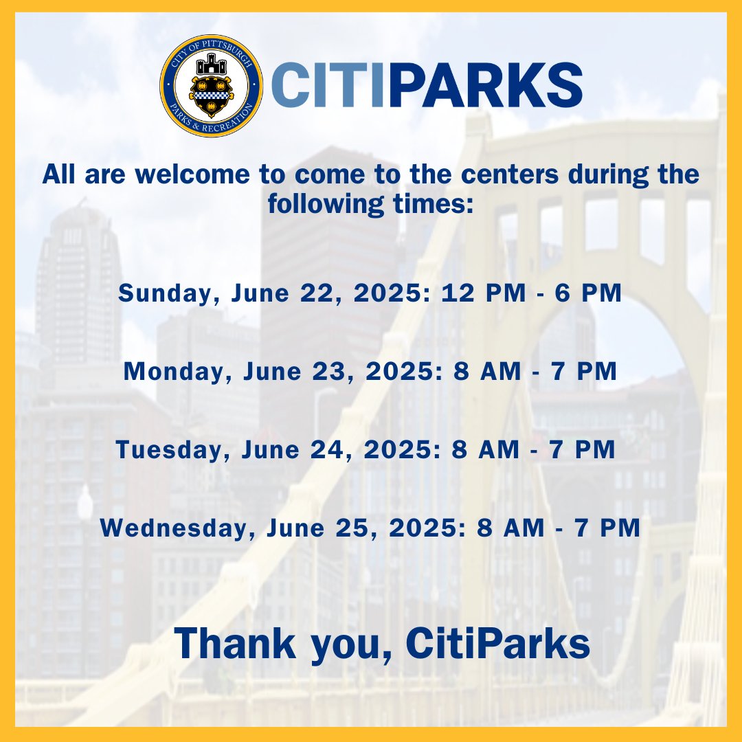 REMINDER: Due to the forecasted heatwave from Sunday, June 22 through Wednesday June 25, 2025, COOLING CENTERS HAVE ACTIVATED!

CitiParks will active 6 HAL Senior Centers as Cooling Centers on Monday 6/23, Tuesday 6/24 and Wednesday 6/25 from 8 AM to 7 PM.