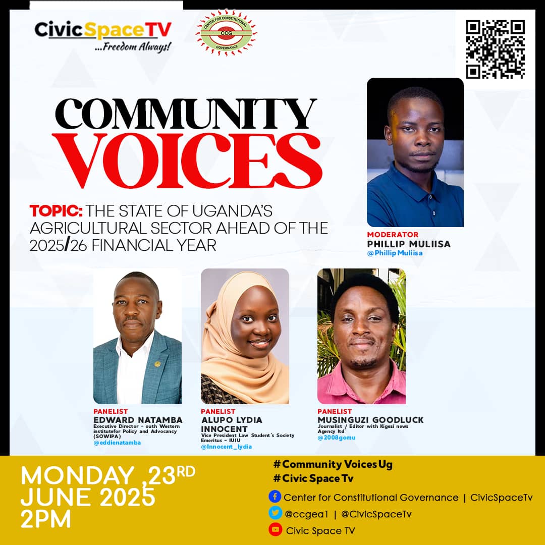 'The state of Uganda's agricultural sector ahead of the 2025/26 financial year.' #CivicSpaceTV #CommunityVoicesUG #Uganda
<a href="/eddienatamba/">Edward Natamba</a> <a href="/innocent_lydia/">Innocent Lydia Alupo</a> <a href="/2008gomu/">Musinguzi Goodluck Ronald</a> <a href="/PHILIPMULIISA/">PHILIP MULIISA ( PM)</a> 

Showing on ↘️ youtu.be/if5SEB5bYfw Watch the show and subscribe to the channel.