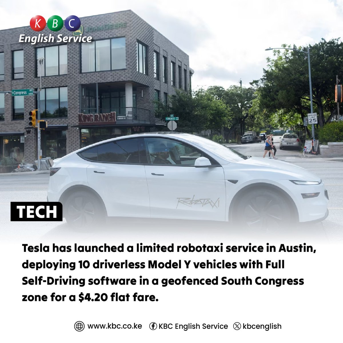 Tesla has launched a limited robotaxi service in Austin, deploying 10 driverless Model Y vehicles with Full Self-Driving software in a geofenced South Congress zone for a $4.20 flat fare.

#KBCEnglishService
^PMN