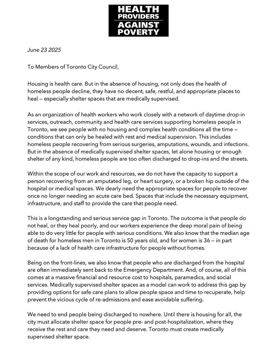 Housing is healthcare. Yet every day in Toronto, people are discharged from hospitals with serious health needs only to be sent to drop-ins or the streets. We’re calling on Toronto City Council to change that. Read the full letter here: