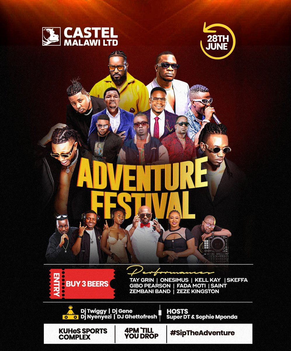 Full list of artists performing at the Adventure Festival hosted by Castel Malawi:

▪️Onesimus 
▪️Kell Kay 
▪️Fada Moti 
▪️Zeze 
▪️Gibo Pearson 
▪️Saint 
▪️Zembani Band 
▪️Skeffa 
▪️Tay Grin 

🎤🍺#SipTheAdventure
