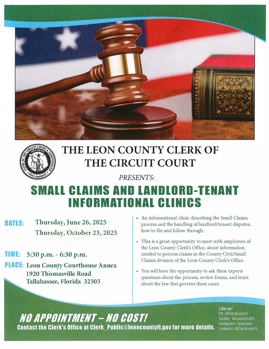 Reminder**
Join the Leon Clerk's Office tomorrow, June 26, 2025 at the Informational Clinic to learn about the Small Claims process and the handling of landlord/tenant disputes, how to file and follow through.